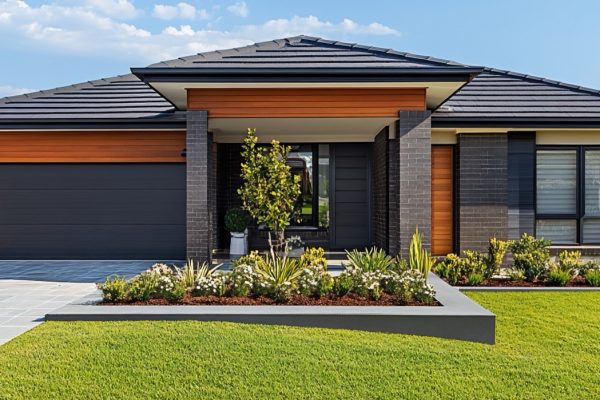 Stunning modern home with a contemporary brick and timber facade, showcasing beautiful landscaping and a spacious driveway.