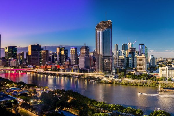 Panoramic day and night areal image of Brisbane CBD and South Bank, Queensland, Australia